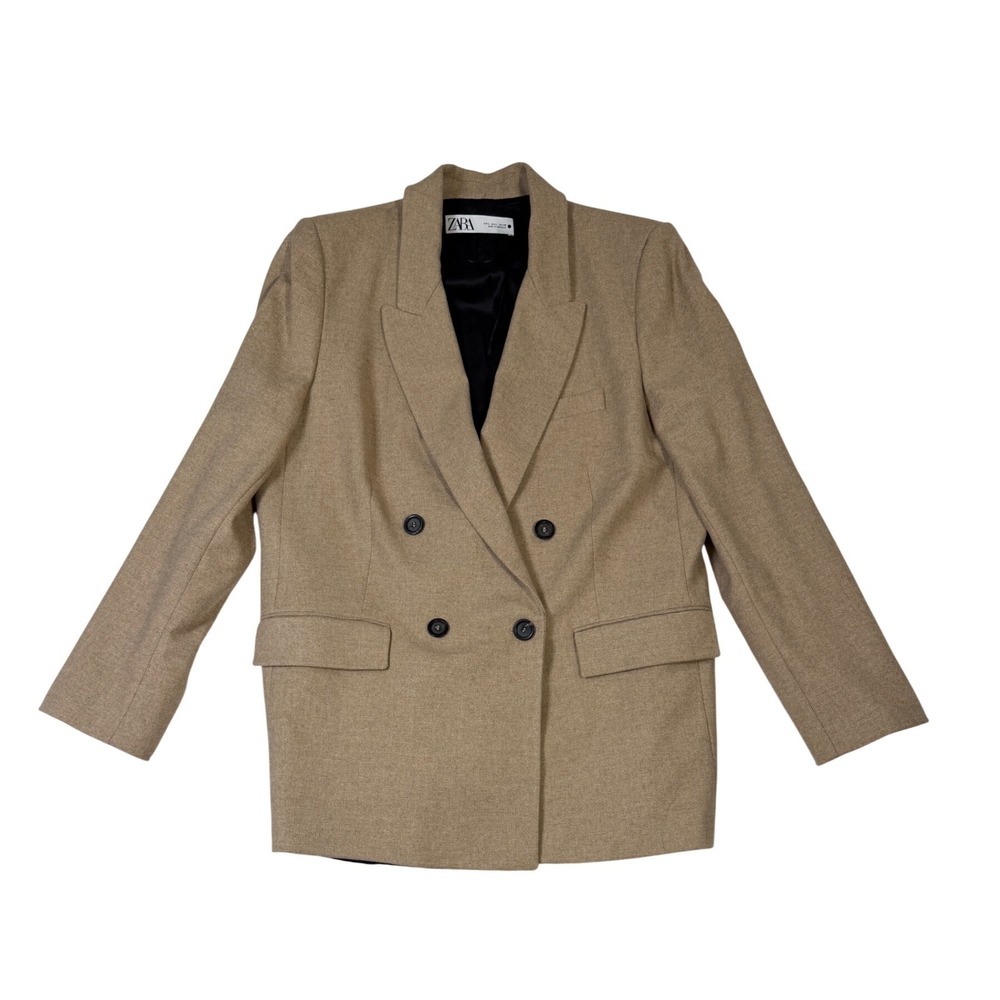 Zara Womens Double Breasted Wool Blend Blazer Tan Brown Size L Peak Lapel - Picture 2 of 8
